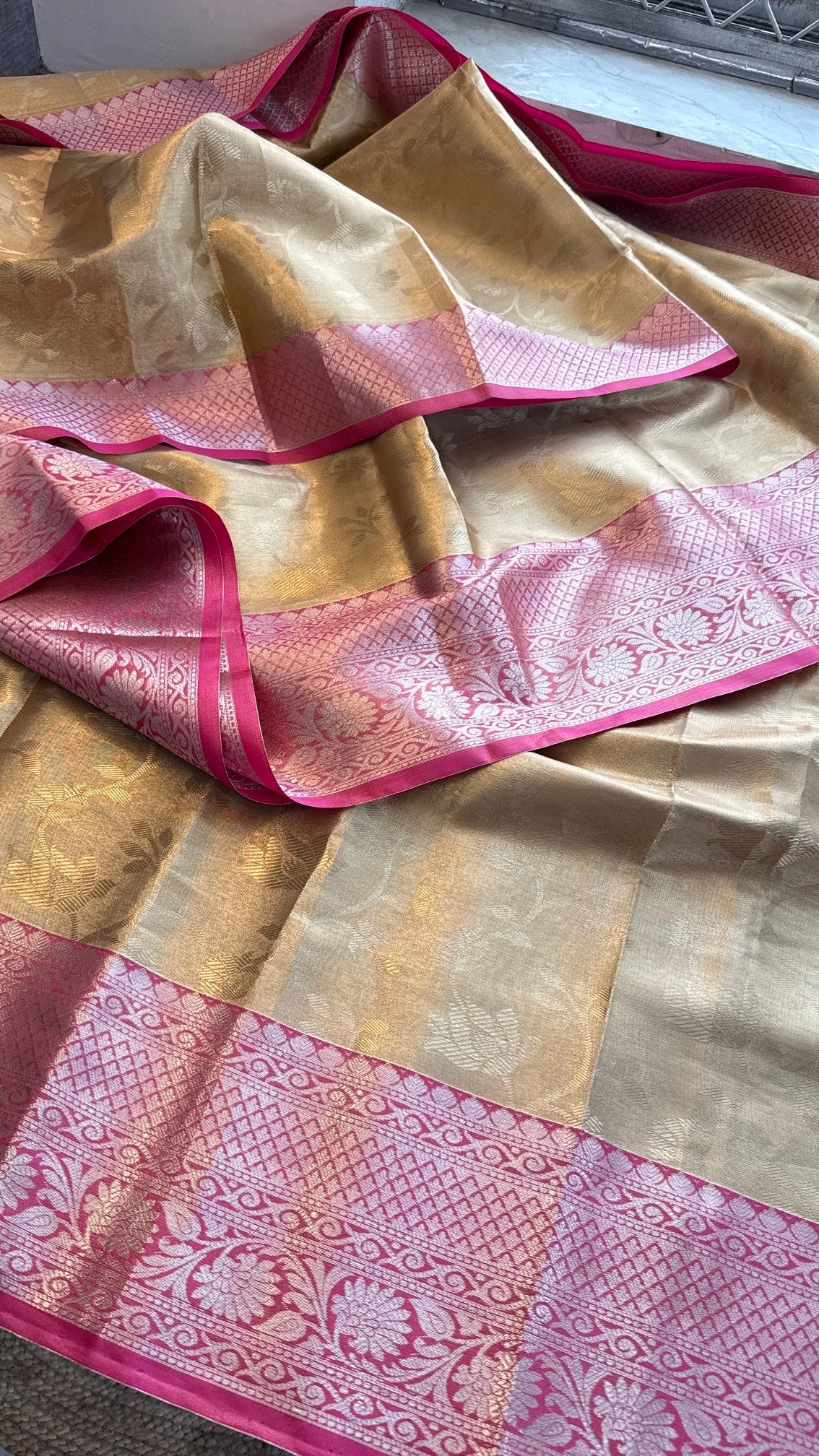 Gold and Pink Kanjivaram Banarasi Silk Zari Weaving Saree with Gota Patti and Zardozi Handwork, Designer Wedding & Festive Wear