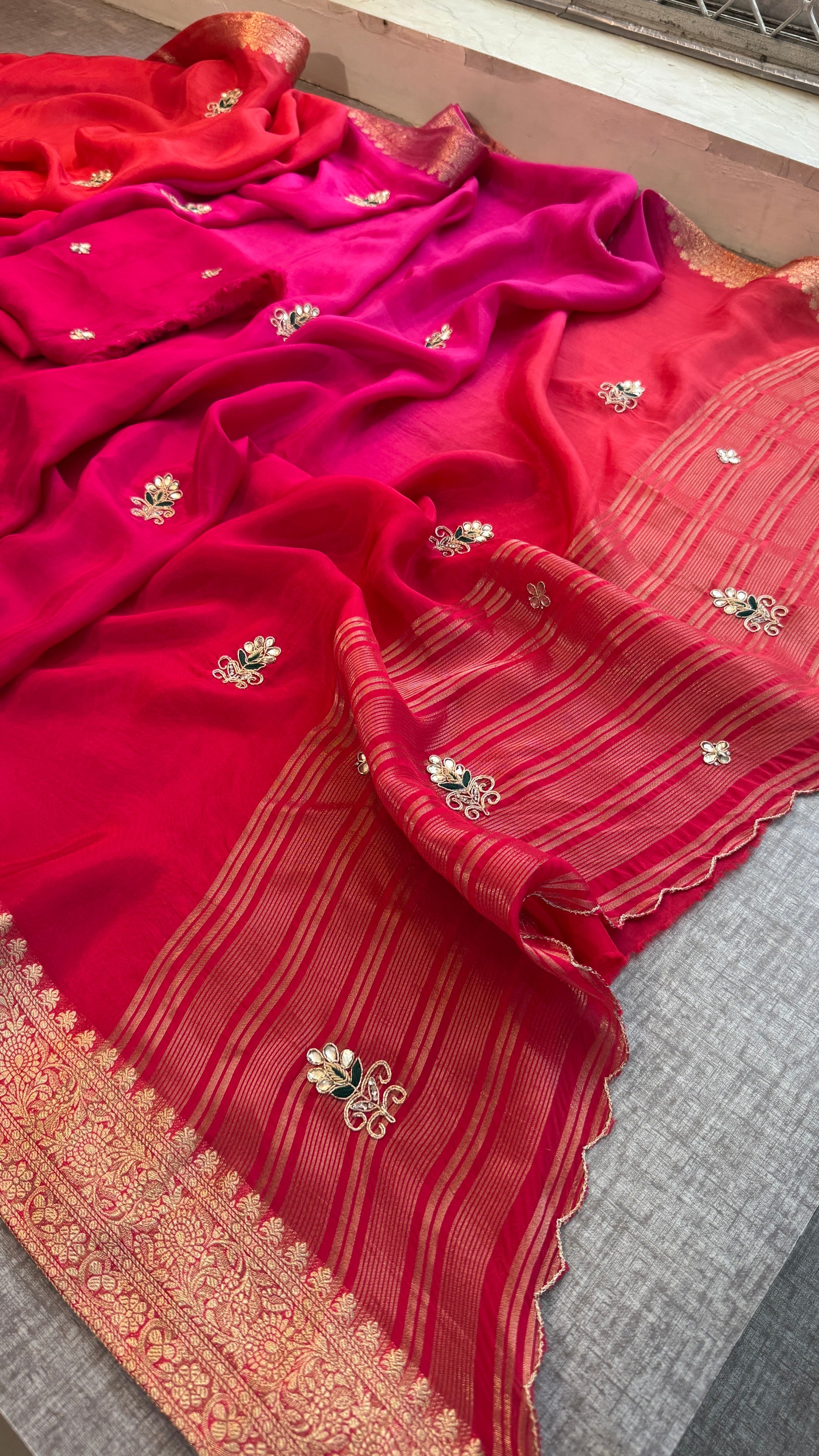 Stunning Dual-Tone Pink and Red Pure Silk Saree with Gota Patti Handwork and Banarasi Border