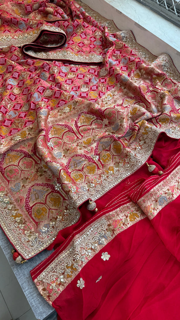 Khaddi georgette Banarasi weaving Saree with gotapatti work and tussles over pallu