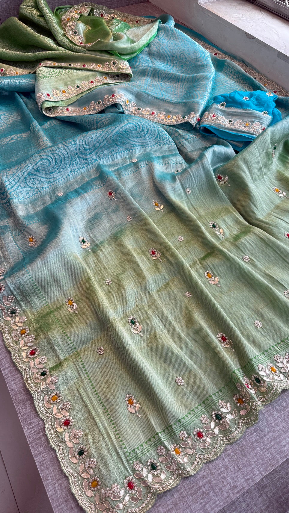 Royal Khaddi Georgette Banarasi Zari Weaving Saree with Gotapatti & Jewellery Stone Embellishment