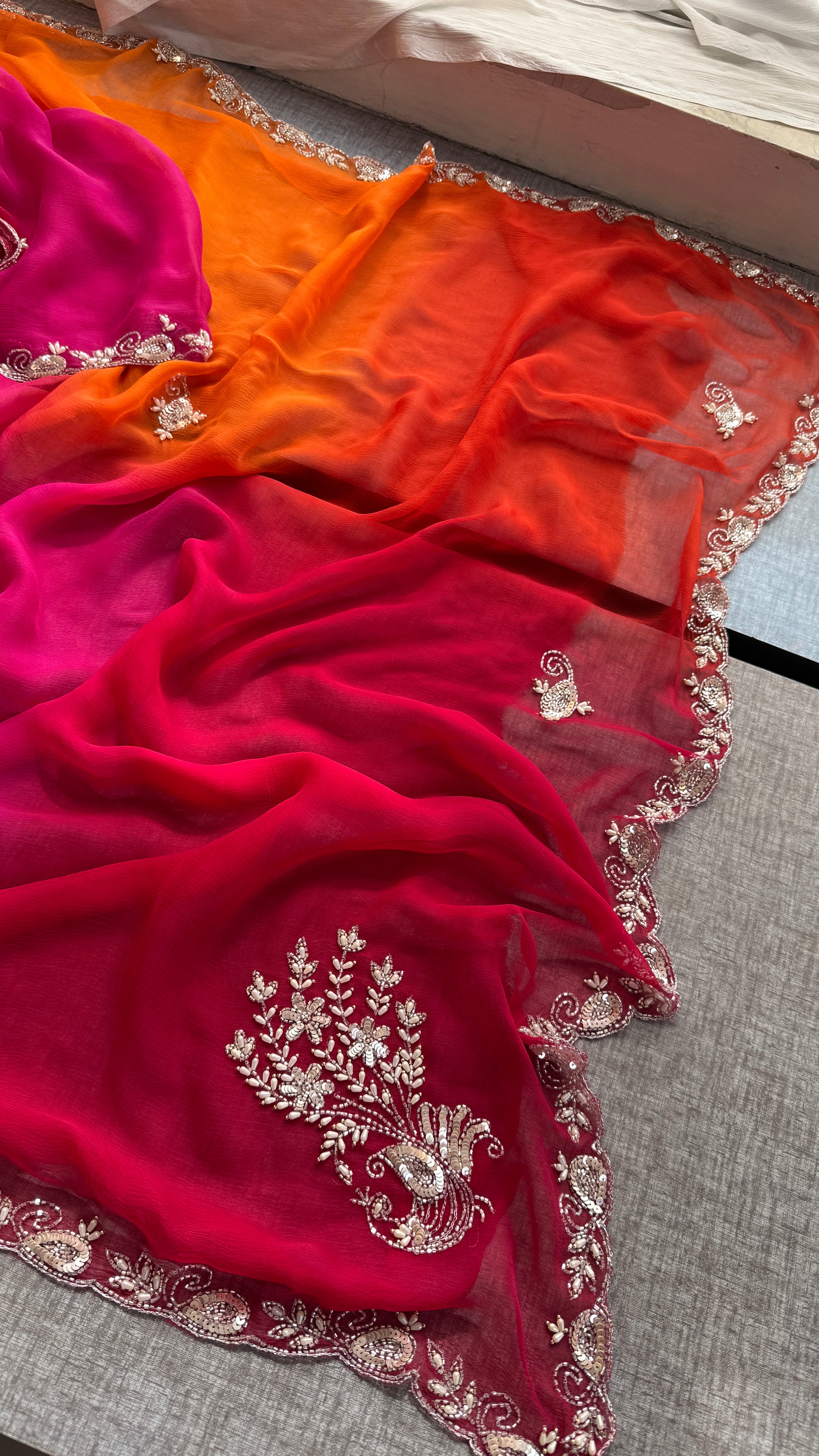 Multi Shade Summer Chiffon Saree with Cutdana, Moti & Sequins Work