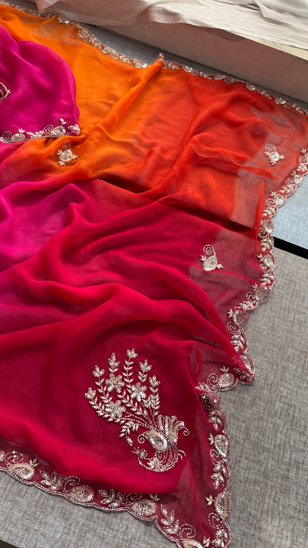 Multi Shade Summer Chiffon Saree with Cutdana, Moti & Sequins Work