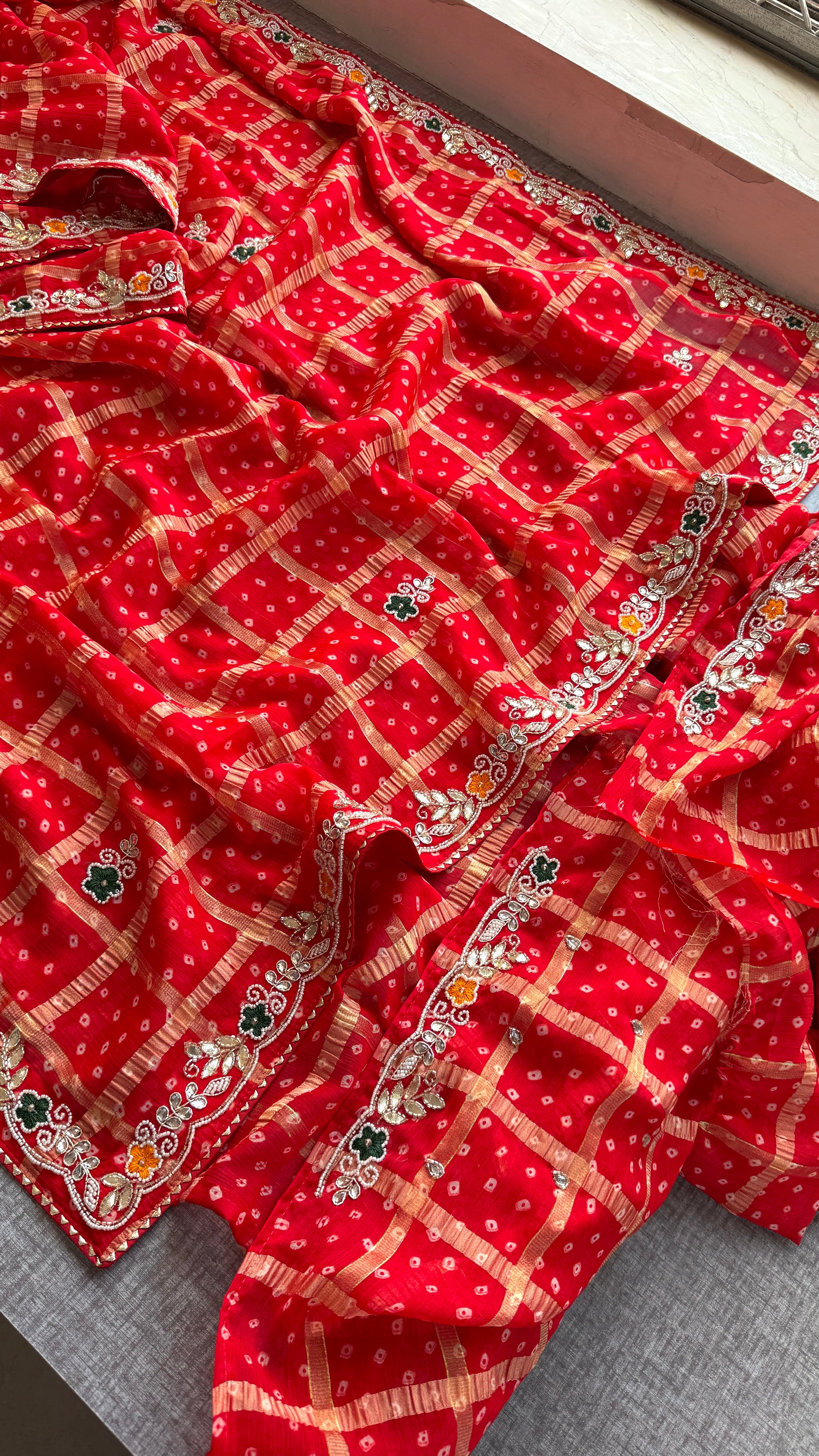 Red Karwachauth Bandhej Saree