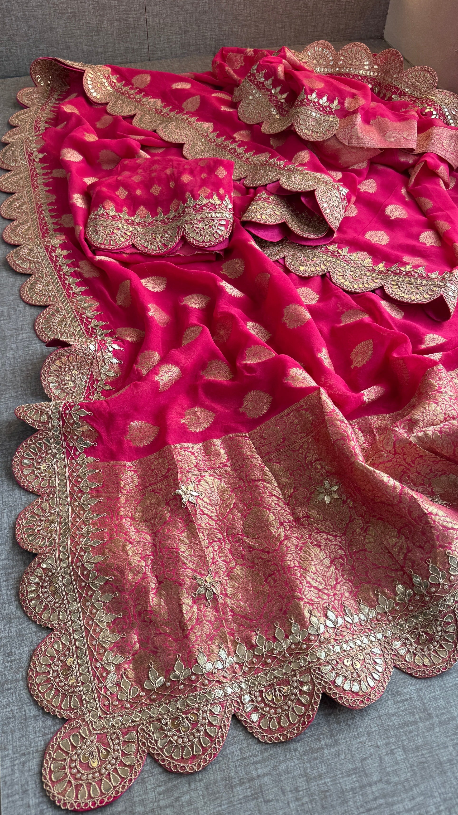 Royal Hot Pink Khaddi Georgette Banarasi Saree with Intricate Gotapatti, Zardozi & Pearl Scalloped Border