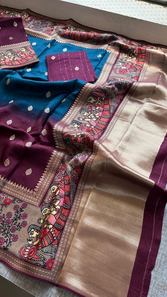 Soft Munga Silk Banarasi Kanni Weaving Saree with Madhubani Border