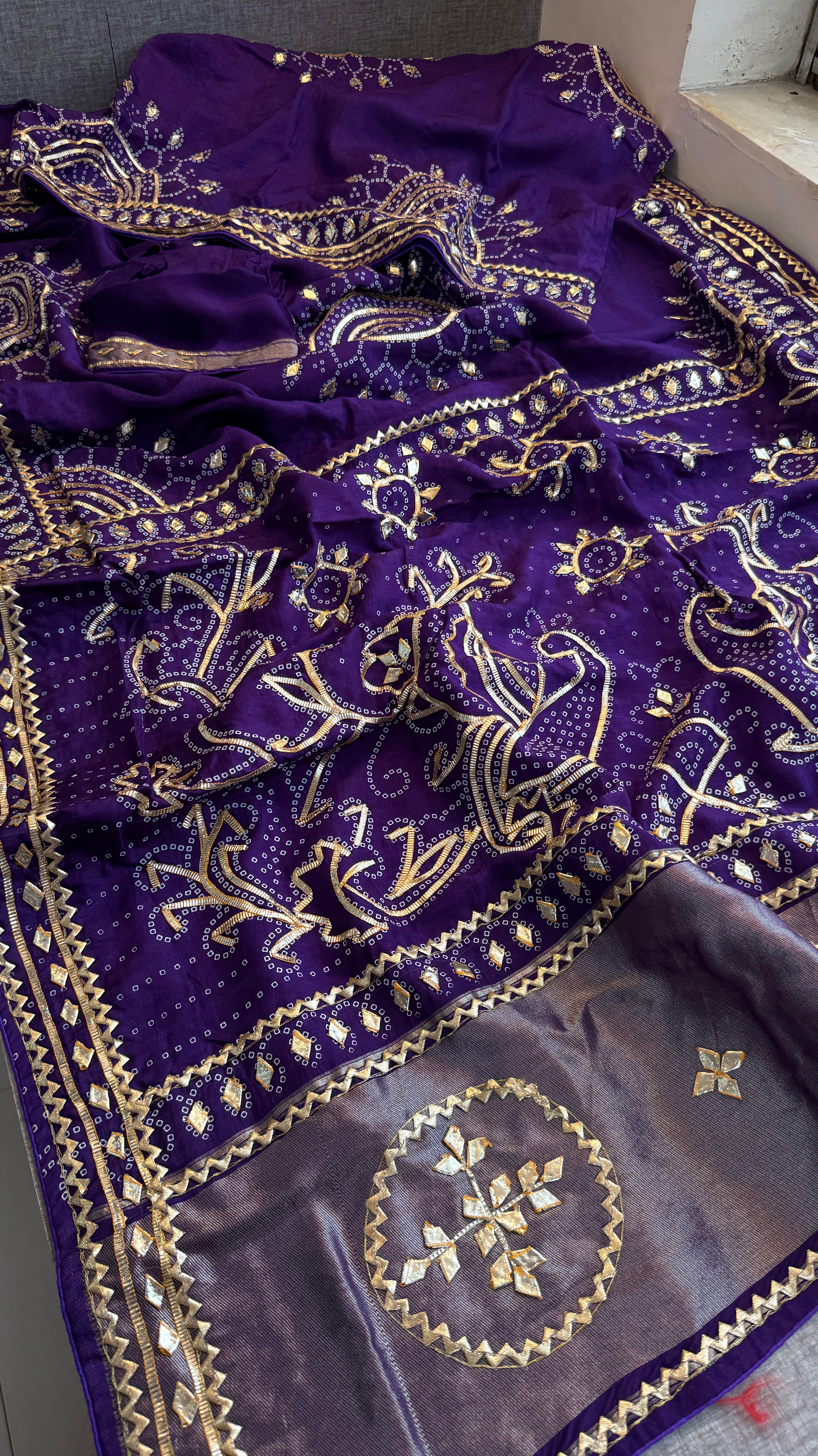 Lakdi Patta saree with sikhiya gotapatti peacock pattern
