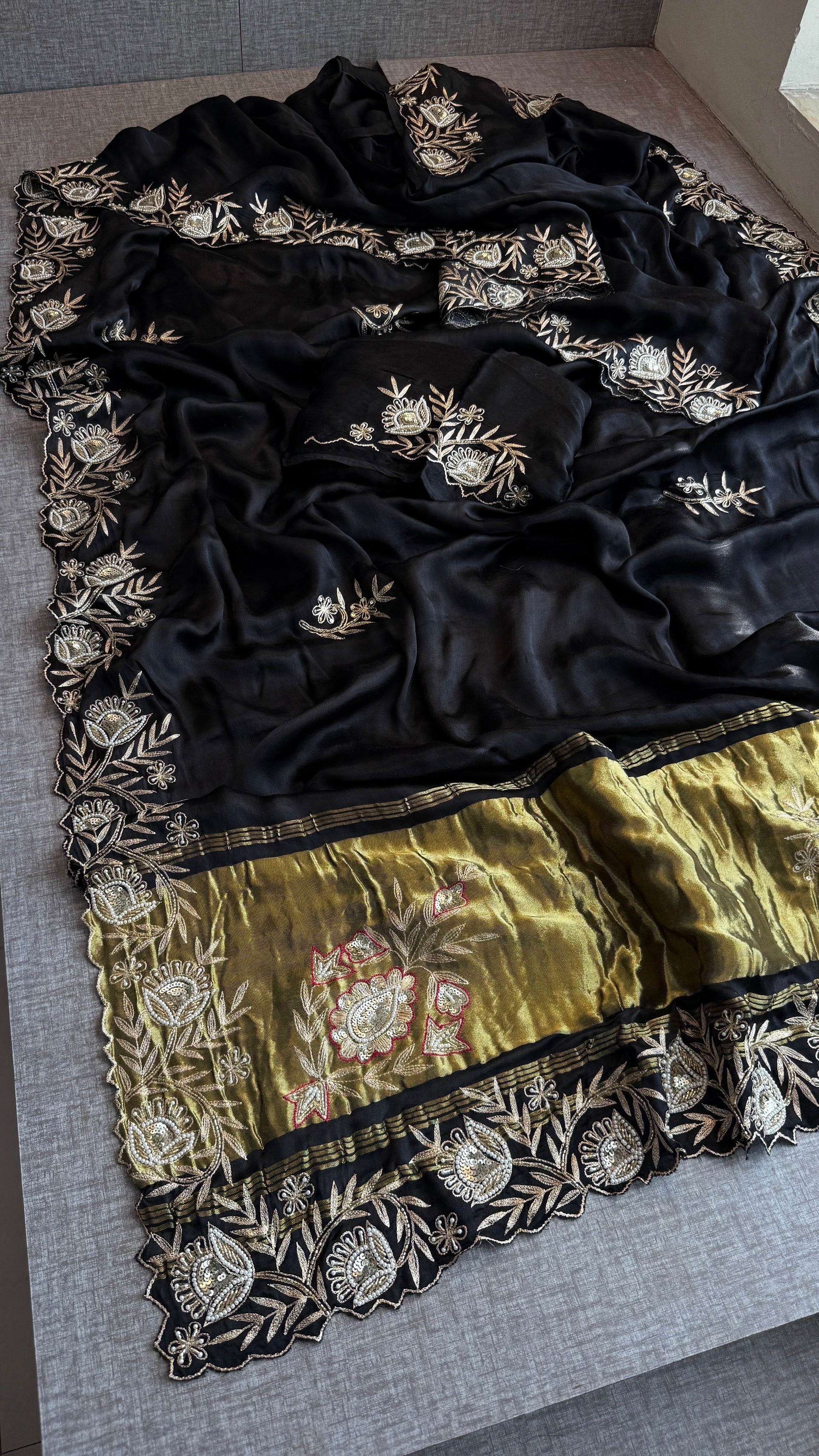 Designer Black Pure Gajji Silk Saree with Aari, Cutdana, and Gota Patti Handwork with Blouse