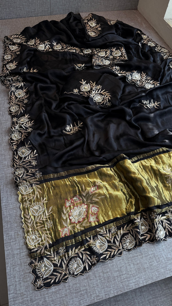 Designer Black Pure Gajji Silk Saree with Aari, Cutdana, and Gota Patti Handwork with Blouse