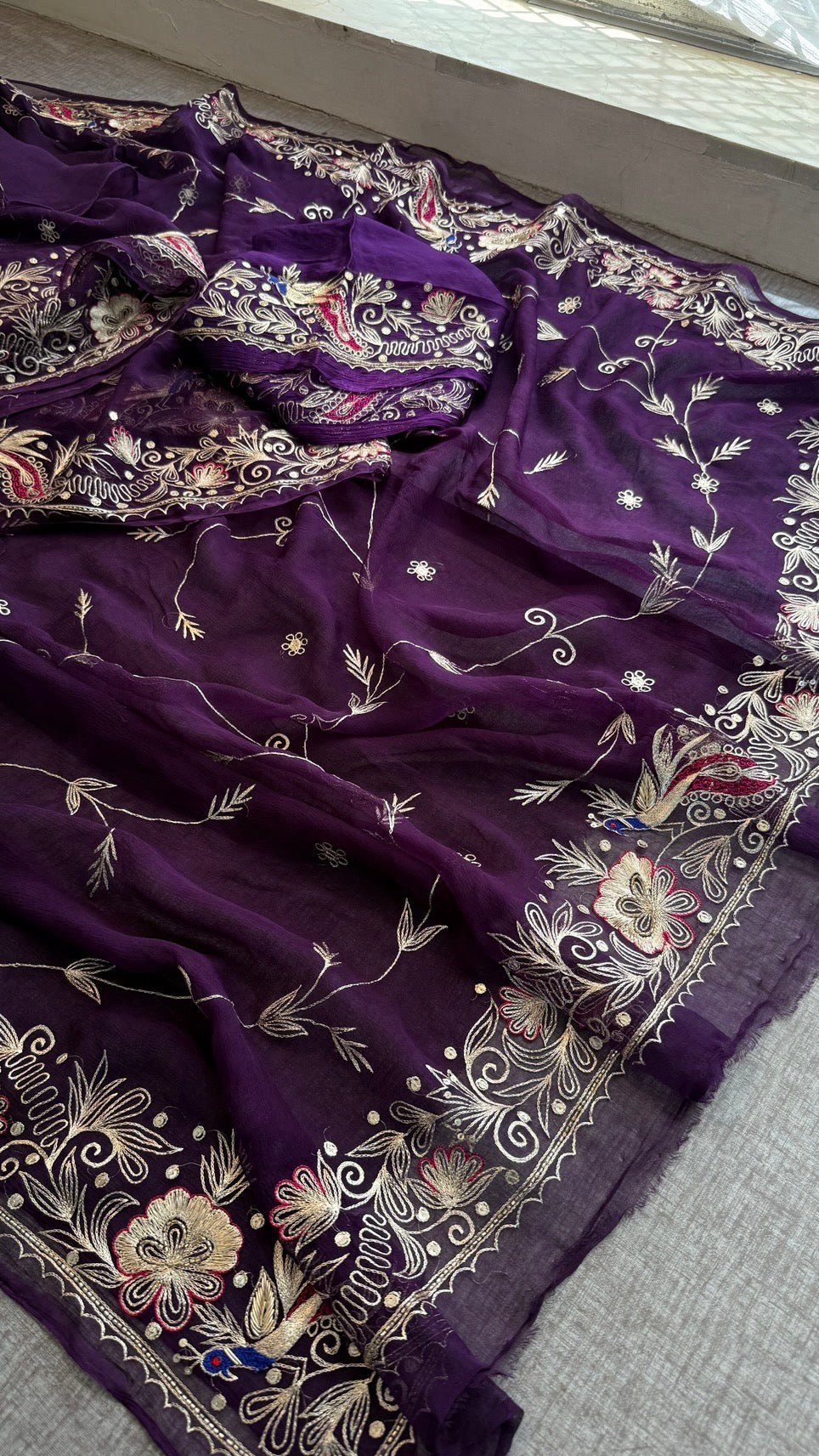 Handcrafted Chiffon Saree with Aari Pittan Peacock Work