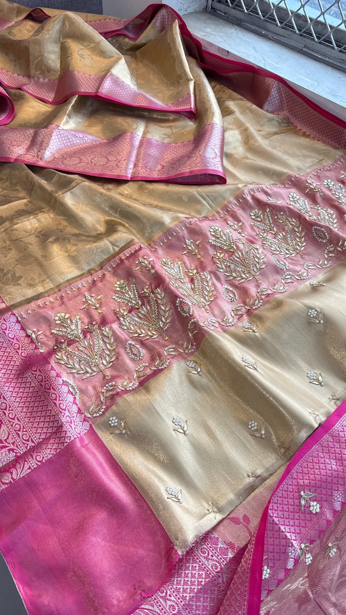 Gold and Pink Kanjivaram Banarasi Silk Zari Weaving Saree with Gota Patti and Zardozi Handwork, Designer Wedding & Festive Wear