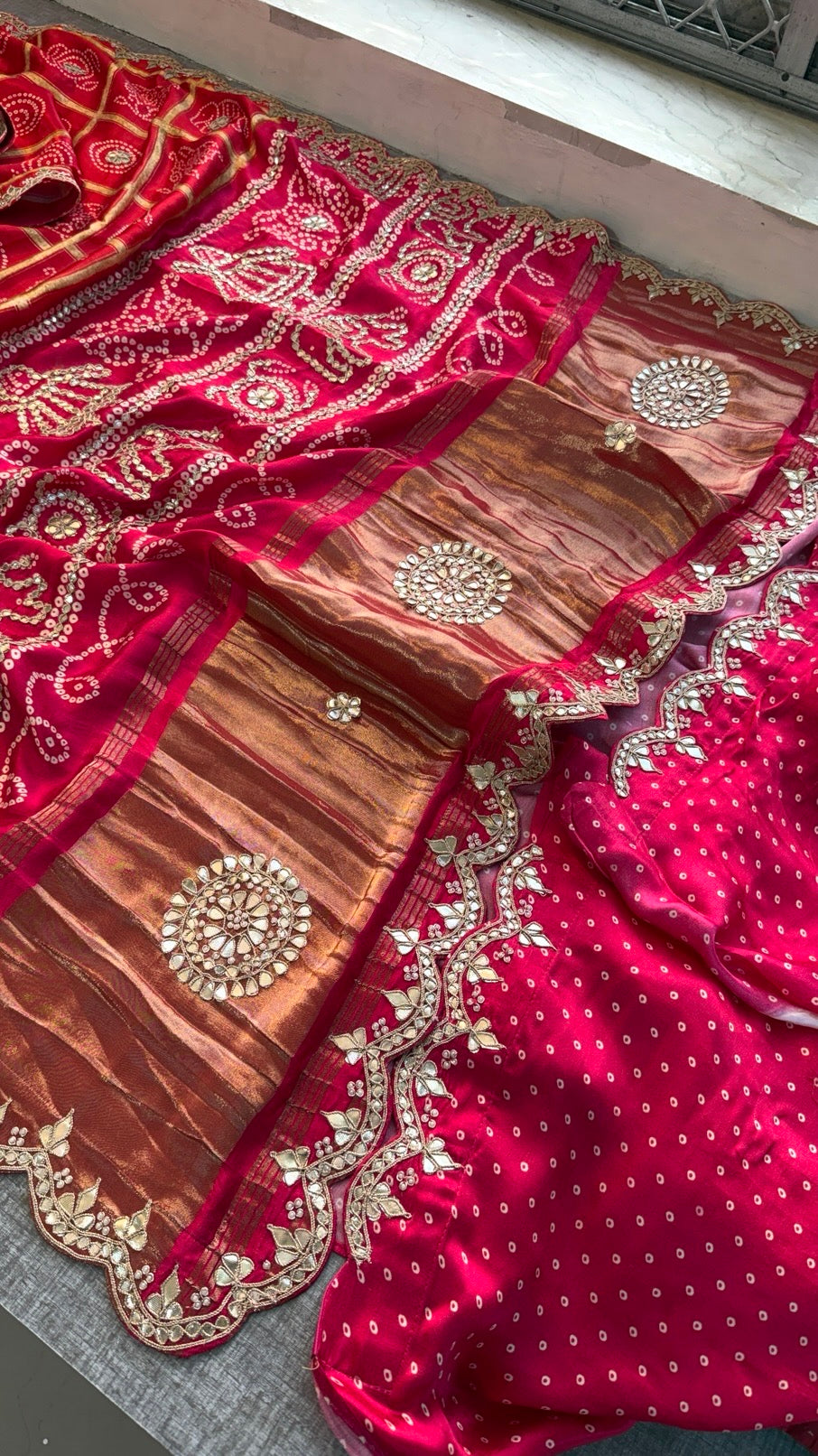 Soft Gajji Silk Lakdi Patta Digital Print Saree with Gotapatti, Zardozi, Sequins & Pearl Work Blouse