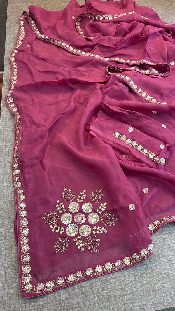 Wine Organza Leheriya Saree | Zardozi & Sequin Handwork | Designer Festive Saree