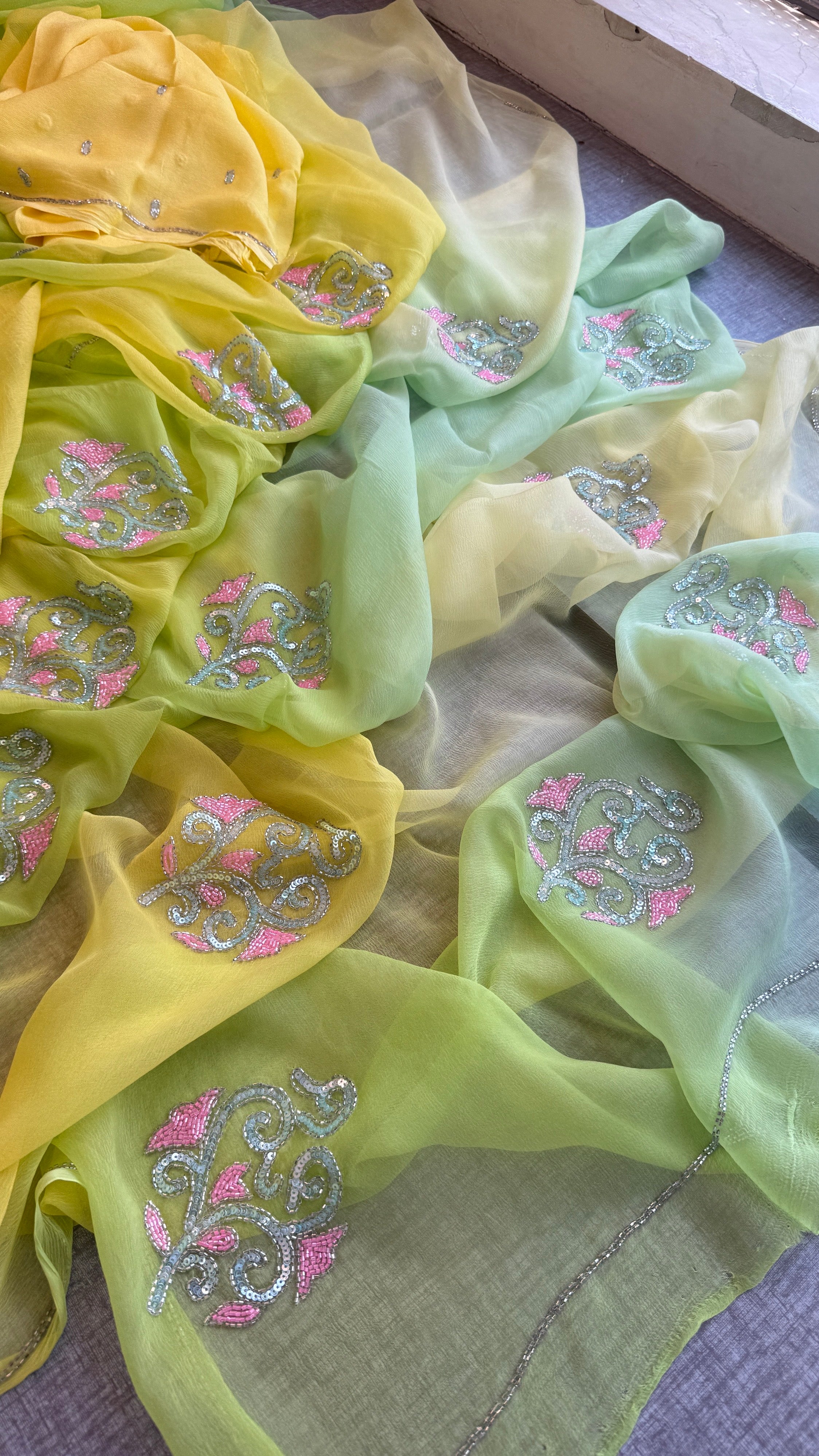 Pure Chiffon Embroidered Saree with Matching Blouse