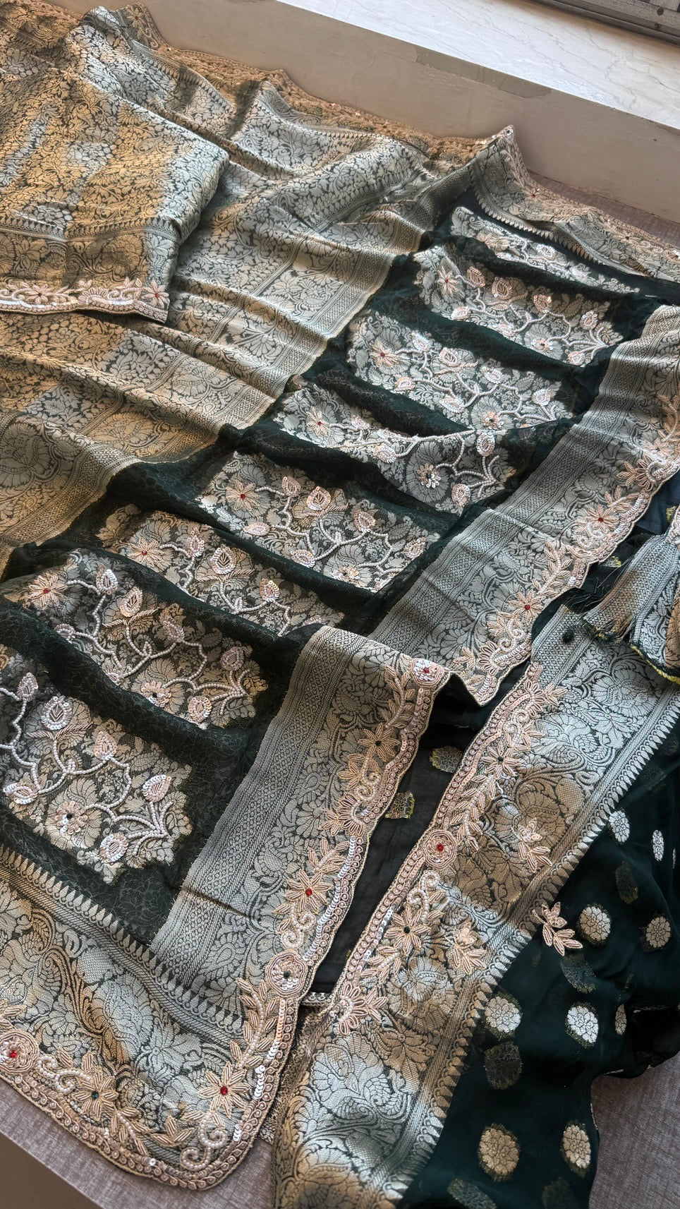 Wedding Wear Banarasi Khaddi Georgette Saree with Pearl Sequin Gotapatti Work