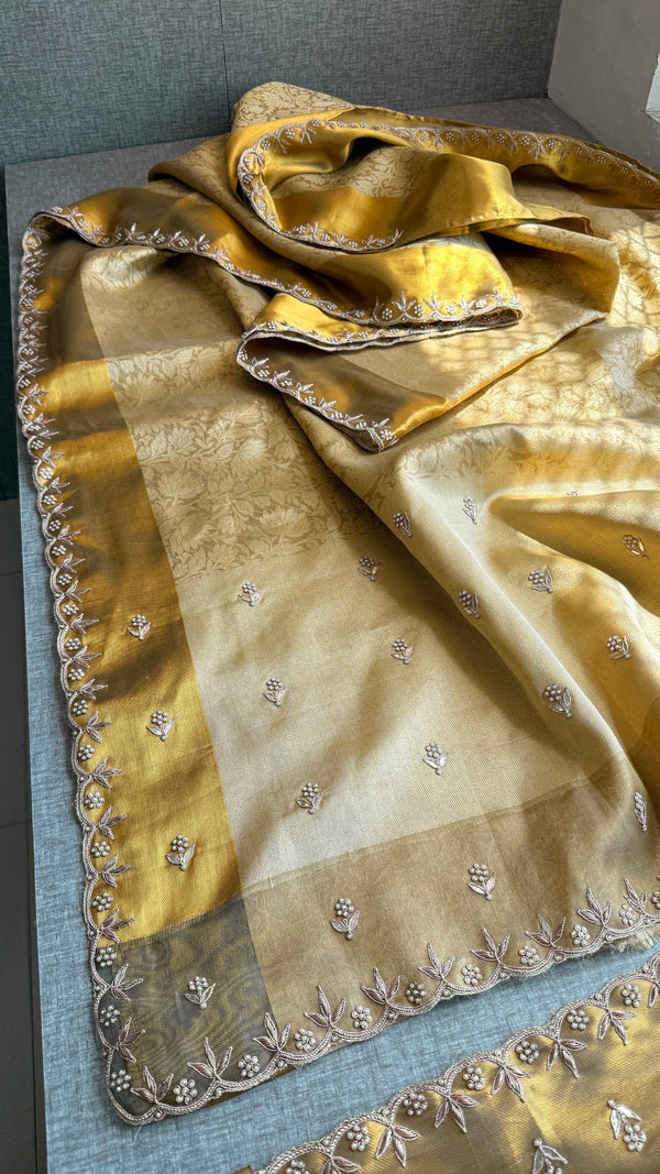 Pure Tissue Silk Banarasi Saree with Moti Work | Handloom Scallop Border Saree