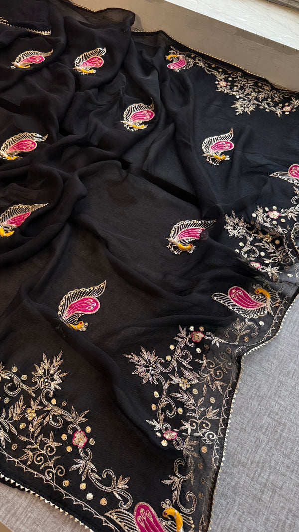 Black chiffon Saree with zardozi, kutdana and sequins work