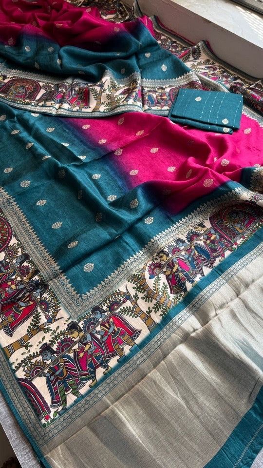 Soft Munga Silk Banarasi Kanni Weaving Saree with Madhubani Border