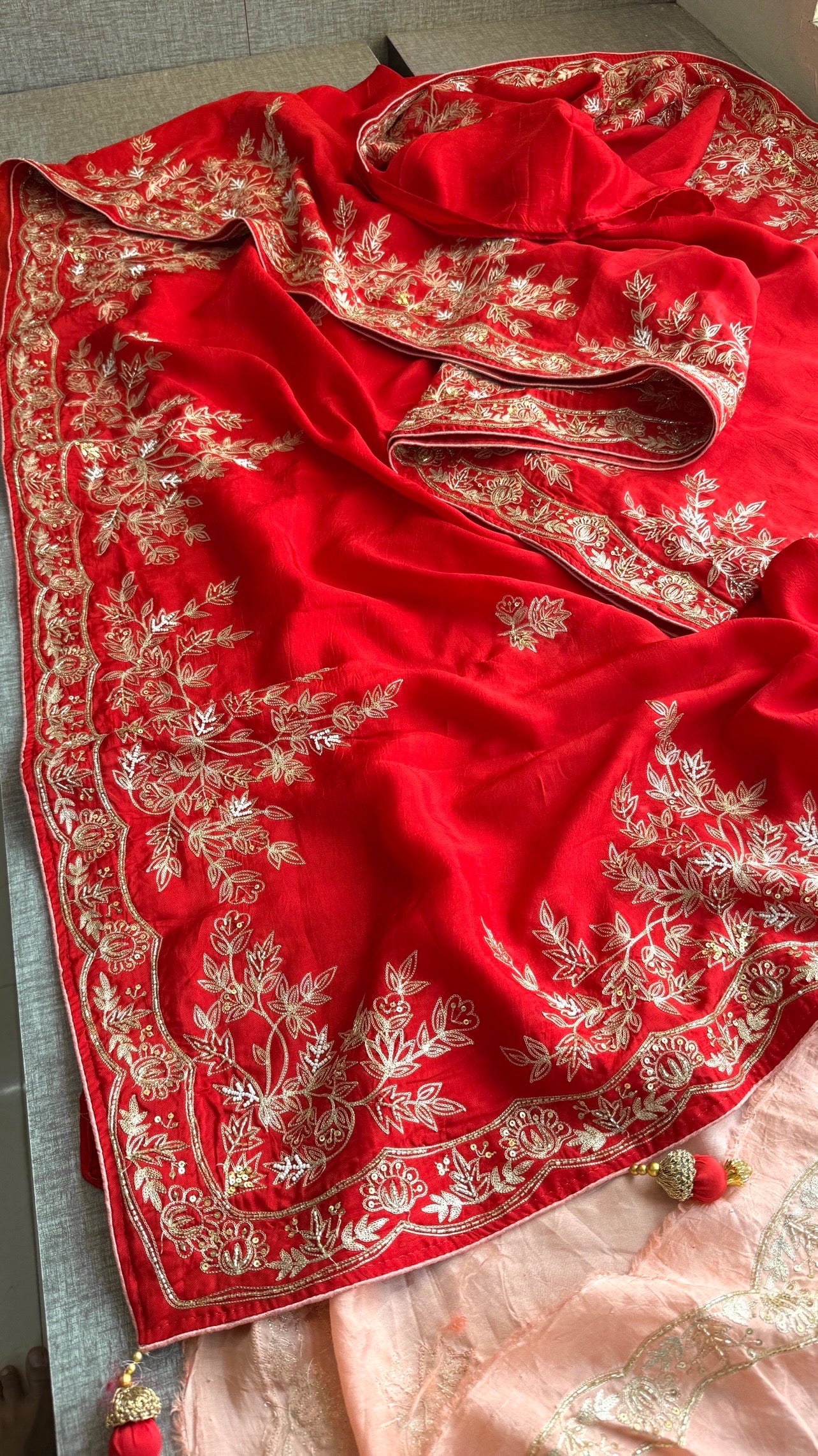 Designer Pure Munga Silk Saree with Floral Handwork & Embellished Border