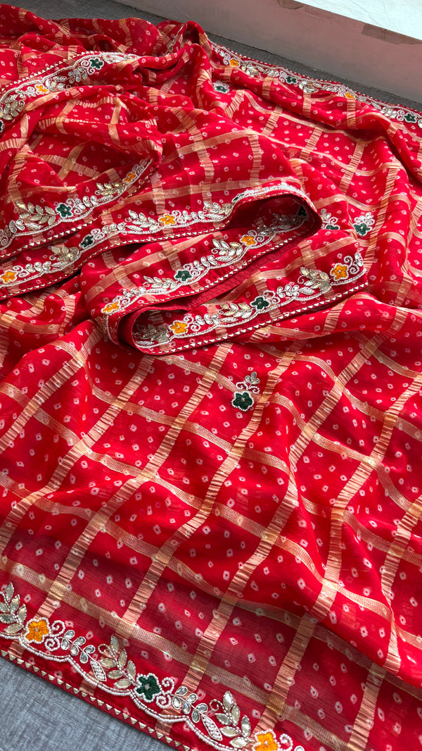 Red Karwachauth Bandhej Saree
