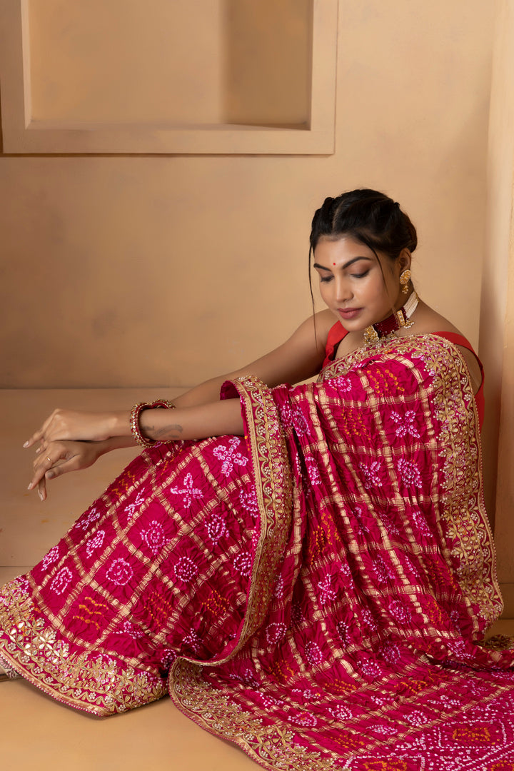 Pink Pure Gaji Silk Bandhani Gota Patti Handwork  Saree