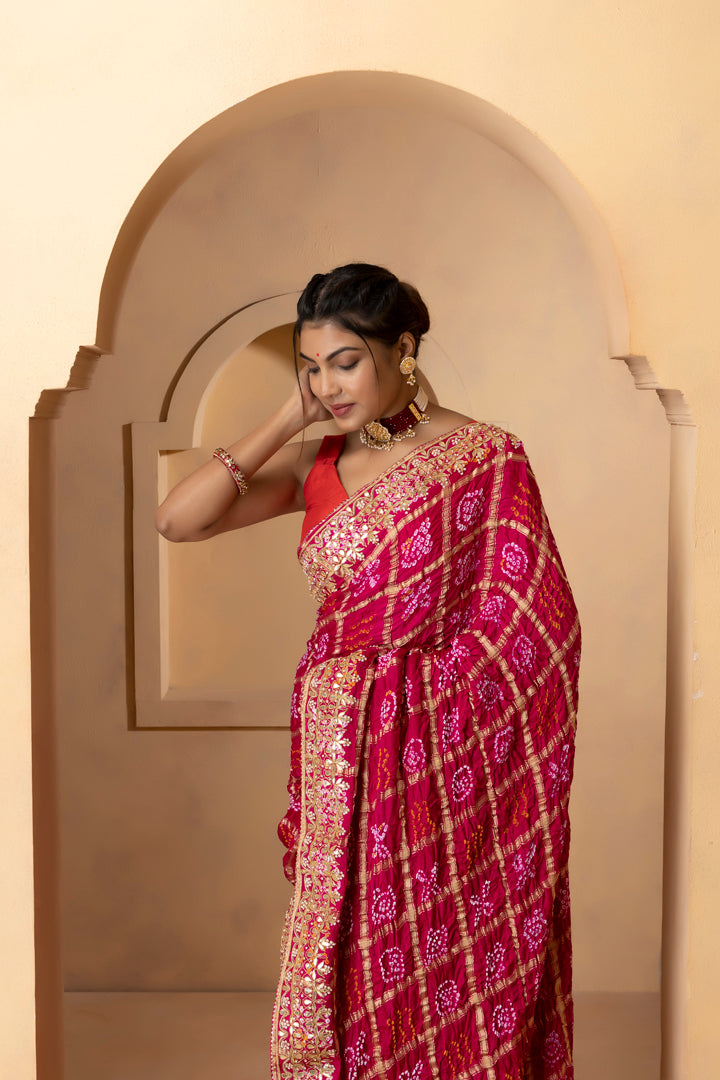 Pink Pure Gaji Silk Bandhani Gota Patti Handwork  Saree