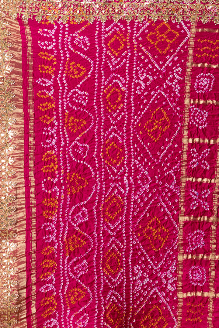 Pink Pure Gaji Silk Bandhani Gota Patti Handwork  Saree