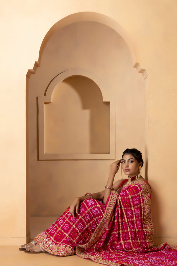 Pink Pure Gaji Silk Bandhani Gota Patti Handwork  Saree