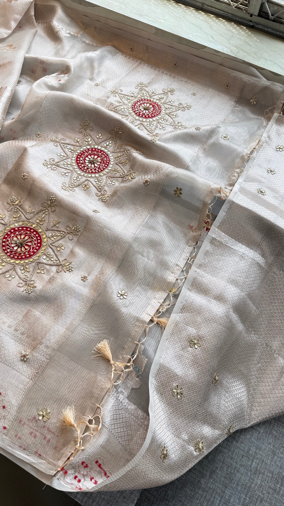 Pure Soft Tissue Silk Banarasi Weaving Saree with Heavy Zardozi & Gotapatti Work