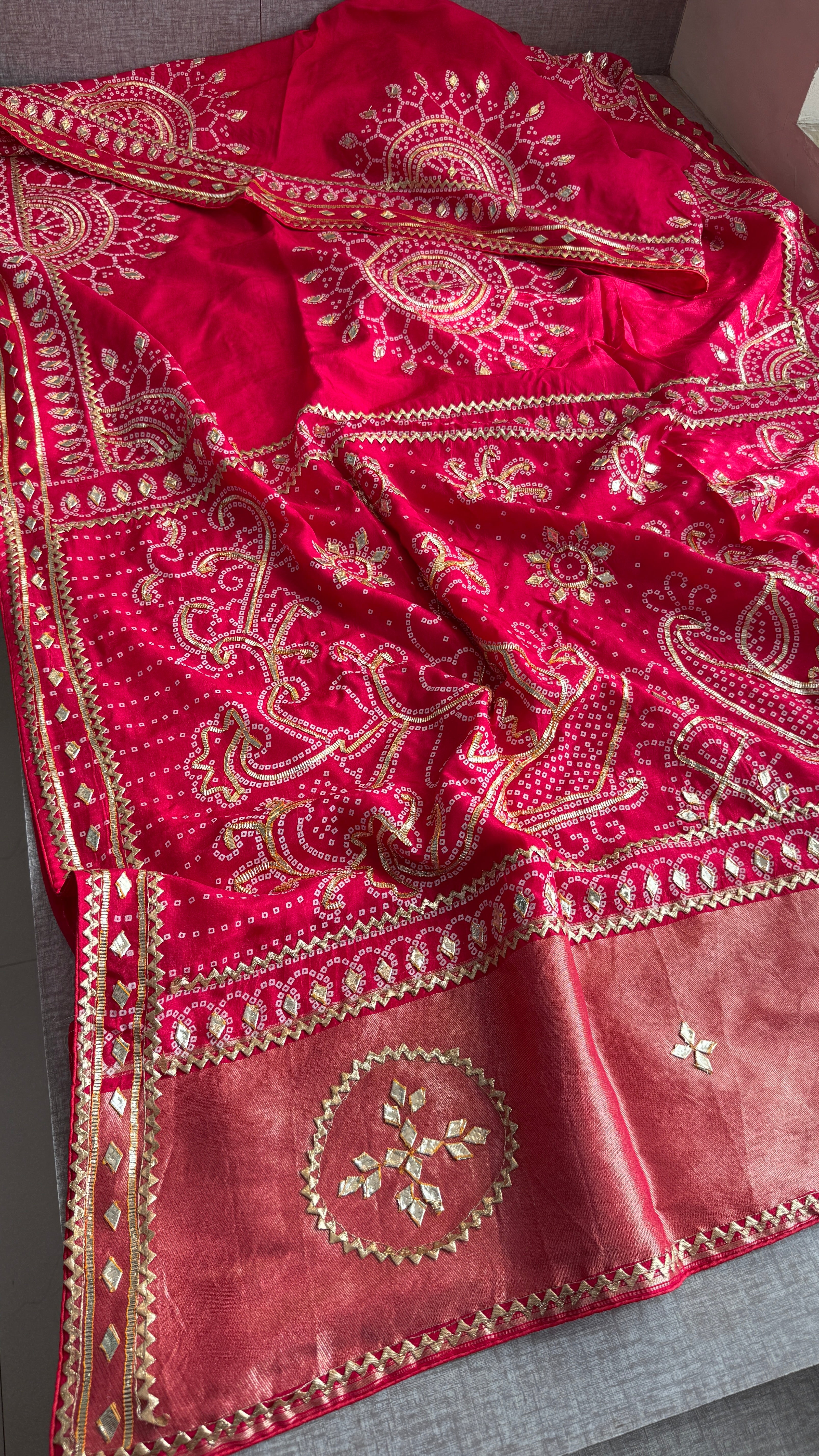 Lakdi Patta saree with sikhiya gotapatti peacock pattern