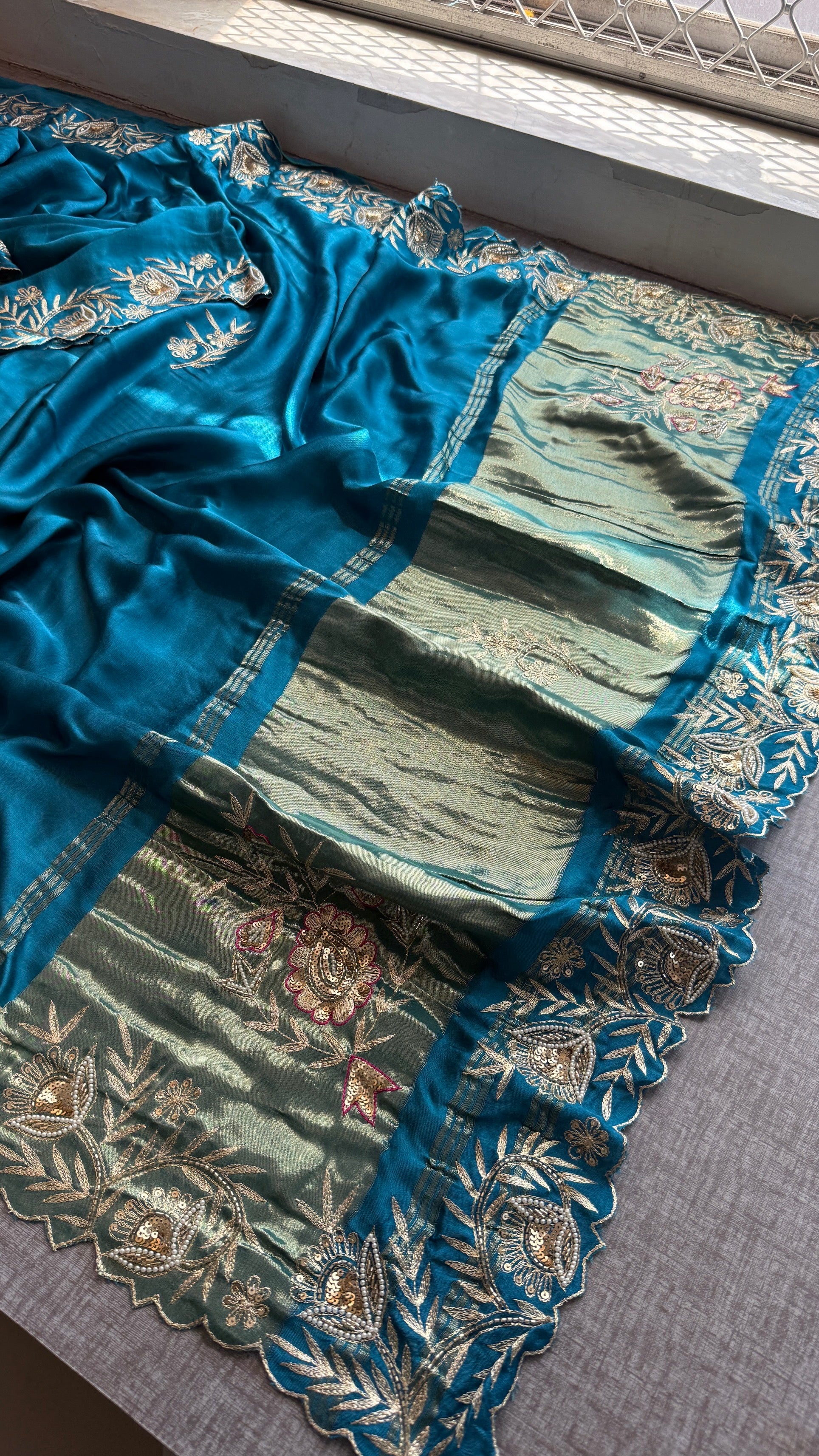 Designer Teal Blue Pure Gajji Silk Saree with Aari, Cutdana, and Gota Patti Handwork with Blouse