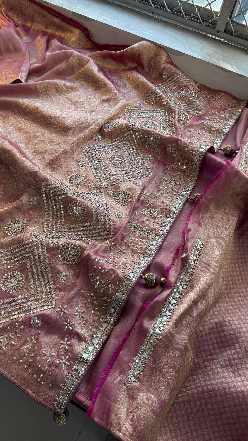 Soft Tissue Silk Banarasi Weaving Saree with Zardozi, Gotapatti, Pearl & Sequin Work