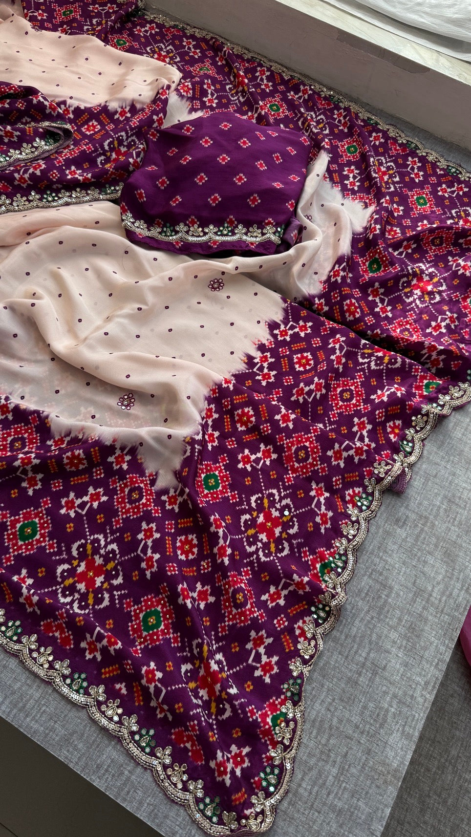 Soft Munga Silk Digital Print Saree with Zardozi, Kutdana, Pearl, Sequins & Stone Work with Designer Blouse