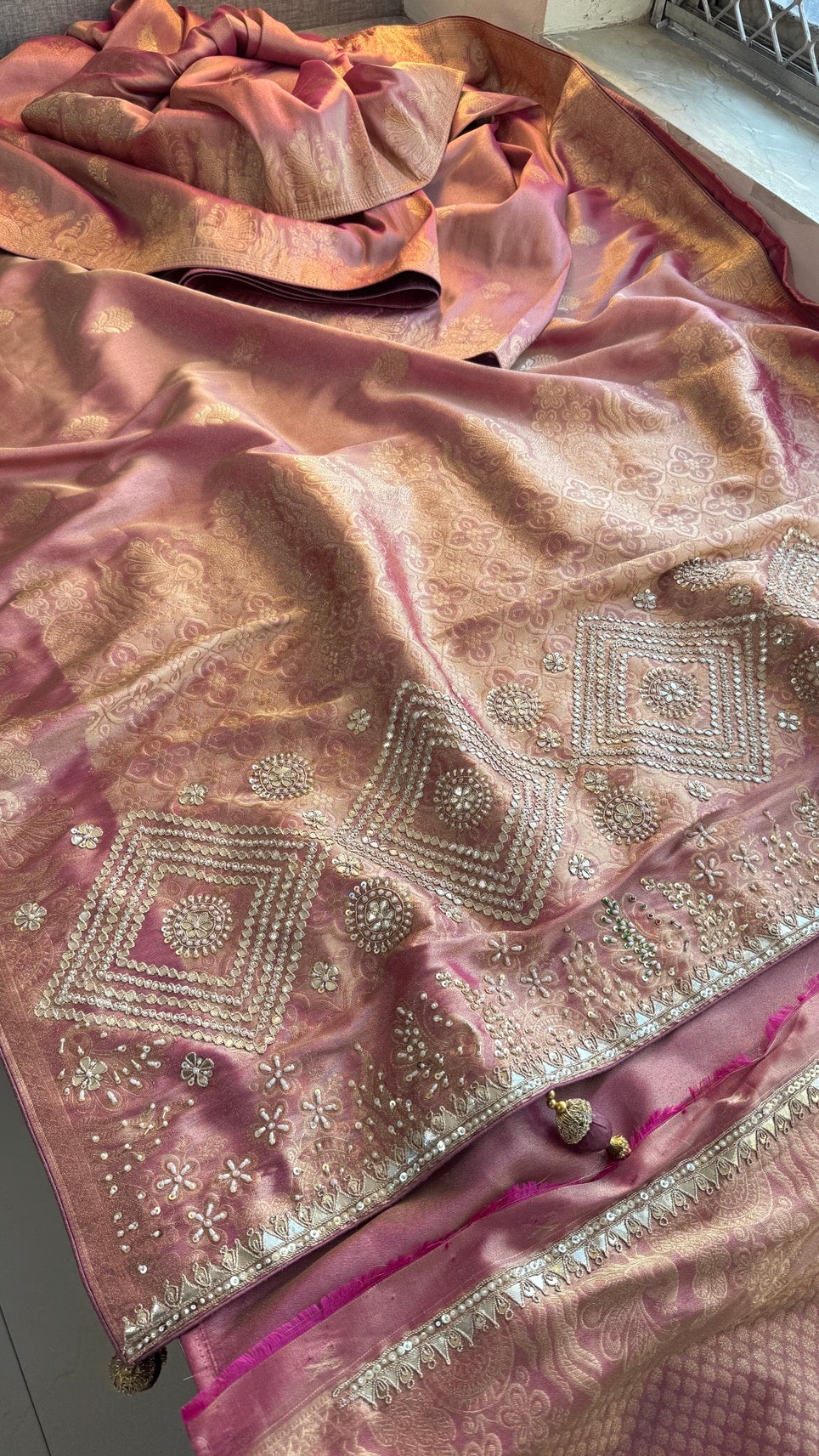 Soft Tissue Silk Banarasi Weaving Saree with Zardozi, Gotapatti, Pearl & Sequin Work