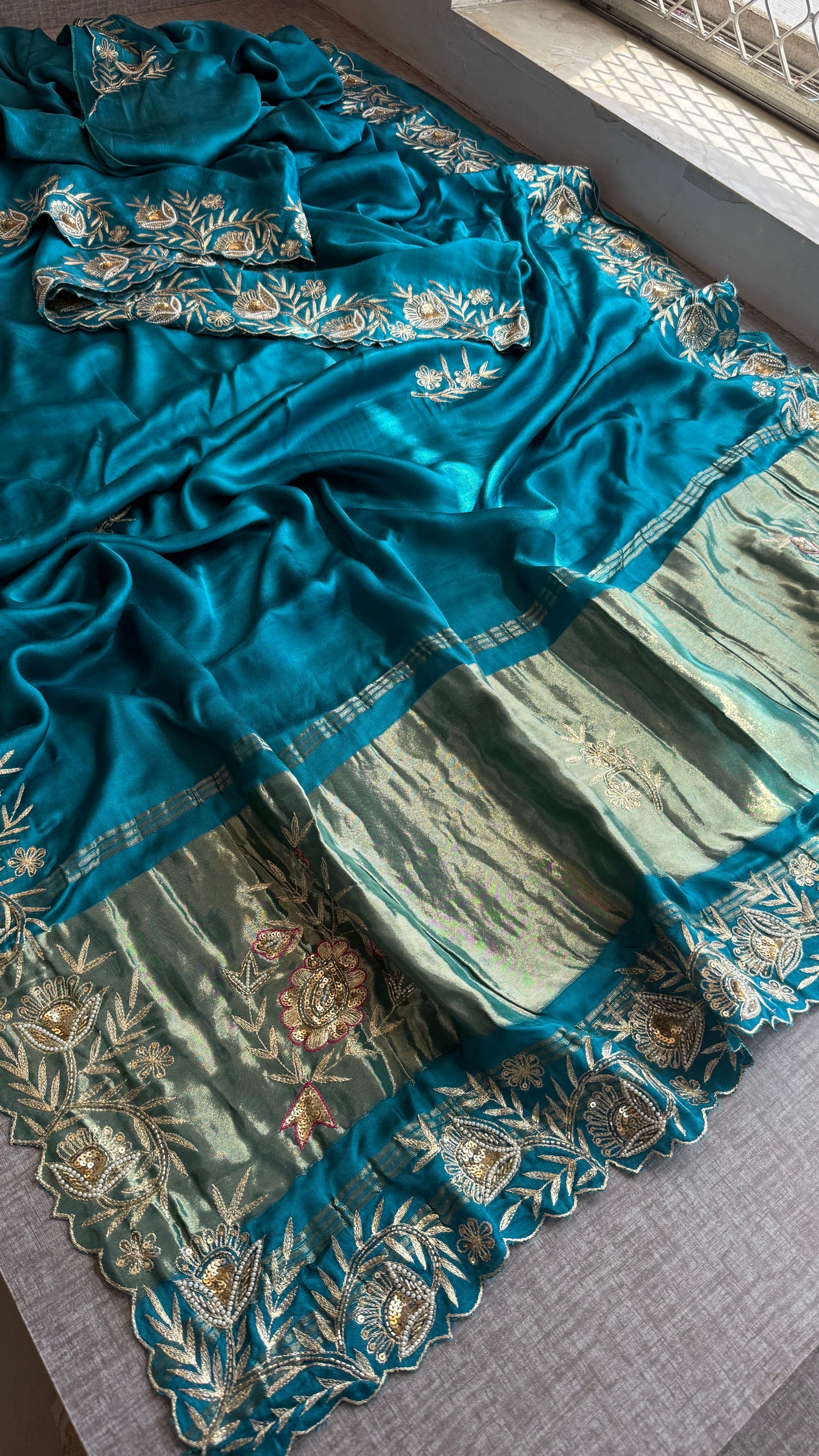 Designer Teal Blue Pure Gajji Silk Saree with Aari, Cutdana, and Gota Patti Handwork with Blouse