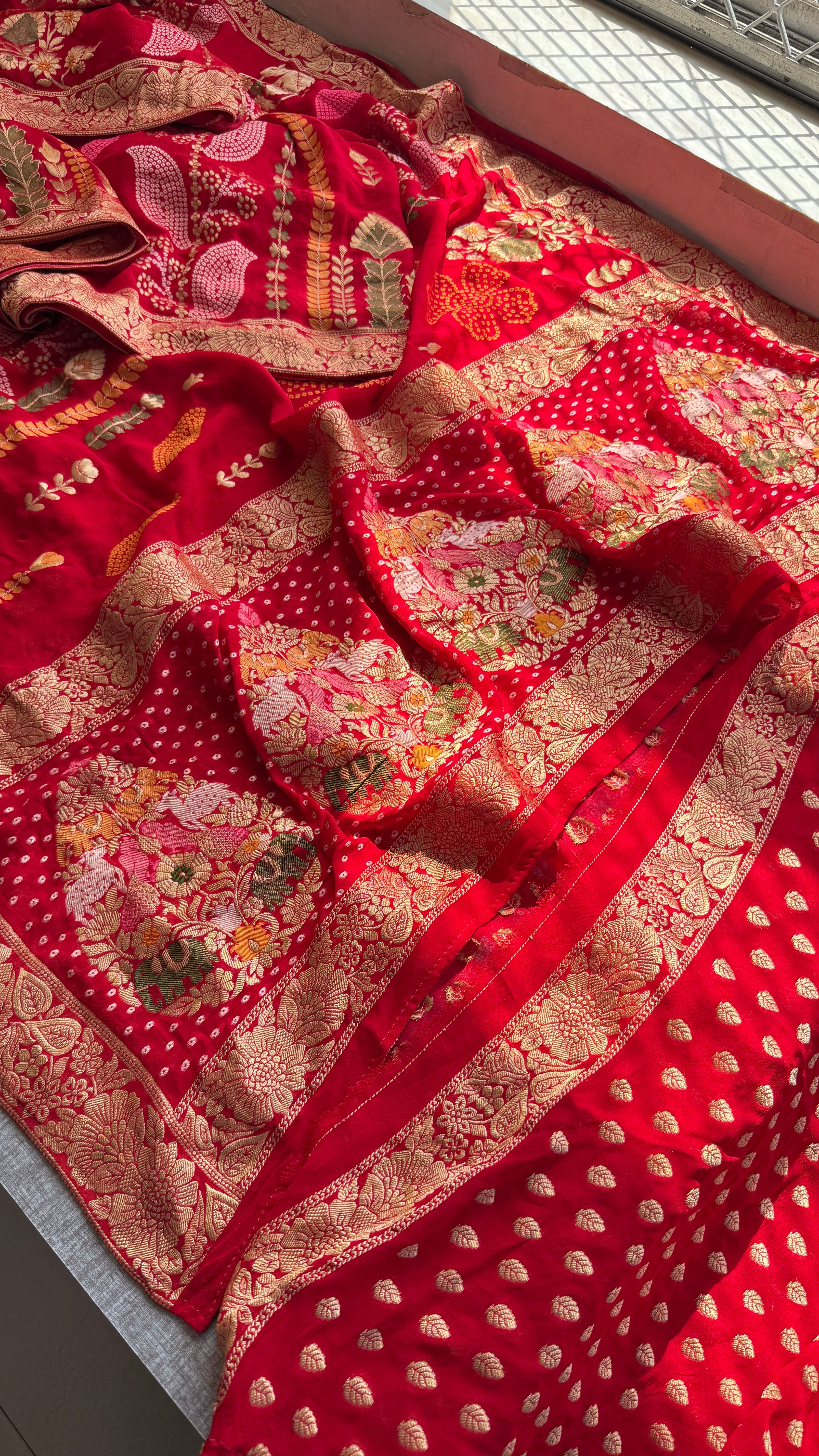 Traditional Red Banarasi Soft Georgette Saree with Heavy Zari Border