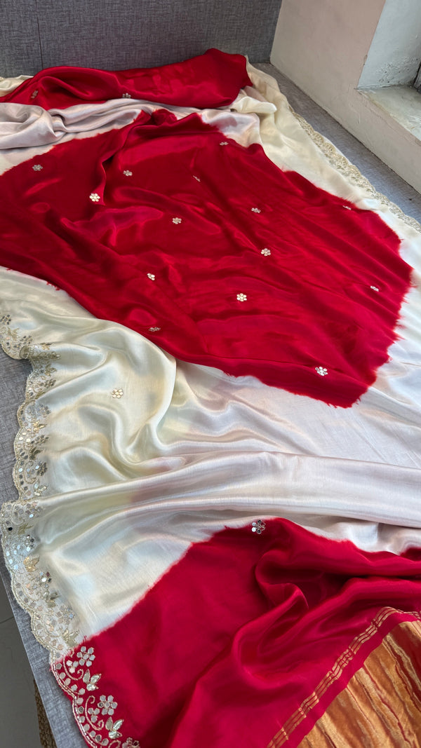Exquisite Dual-Shade Pure Gajji Silk Saree with Traditional Gota Patti & Mirror Work
