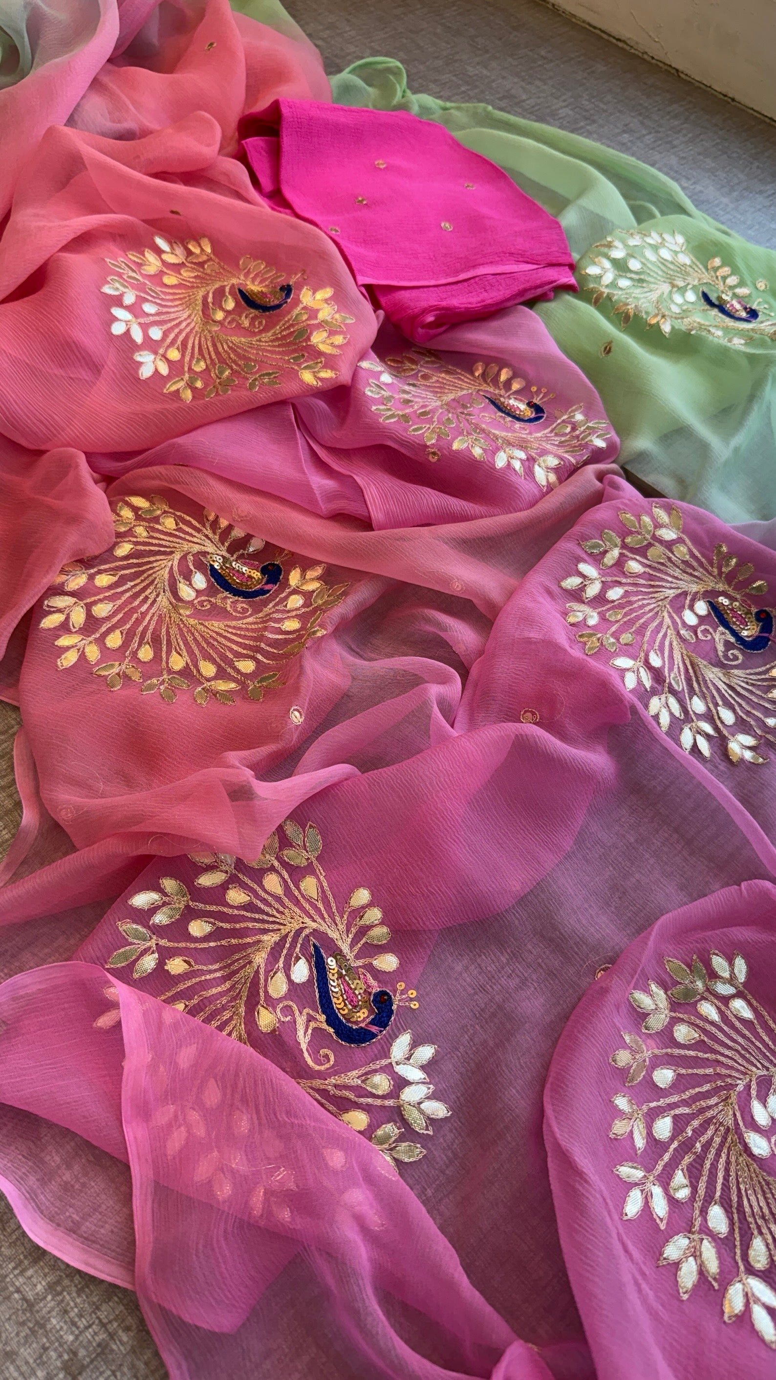 Pure Chiffon Peacock Embroidered Saree with Matching Blouse