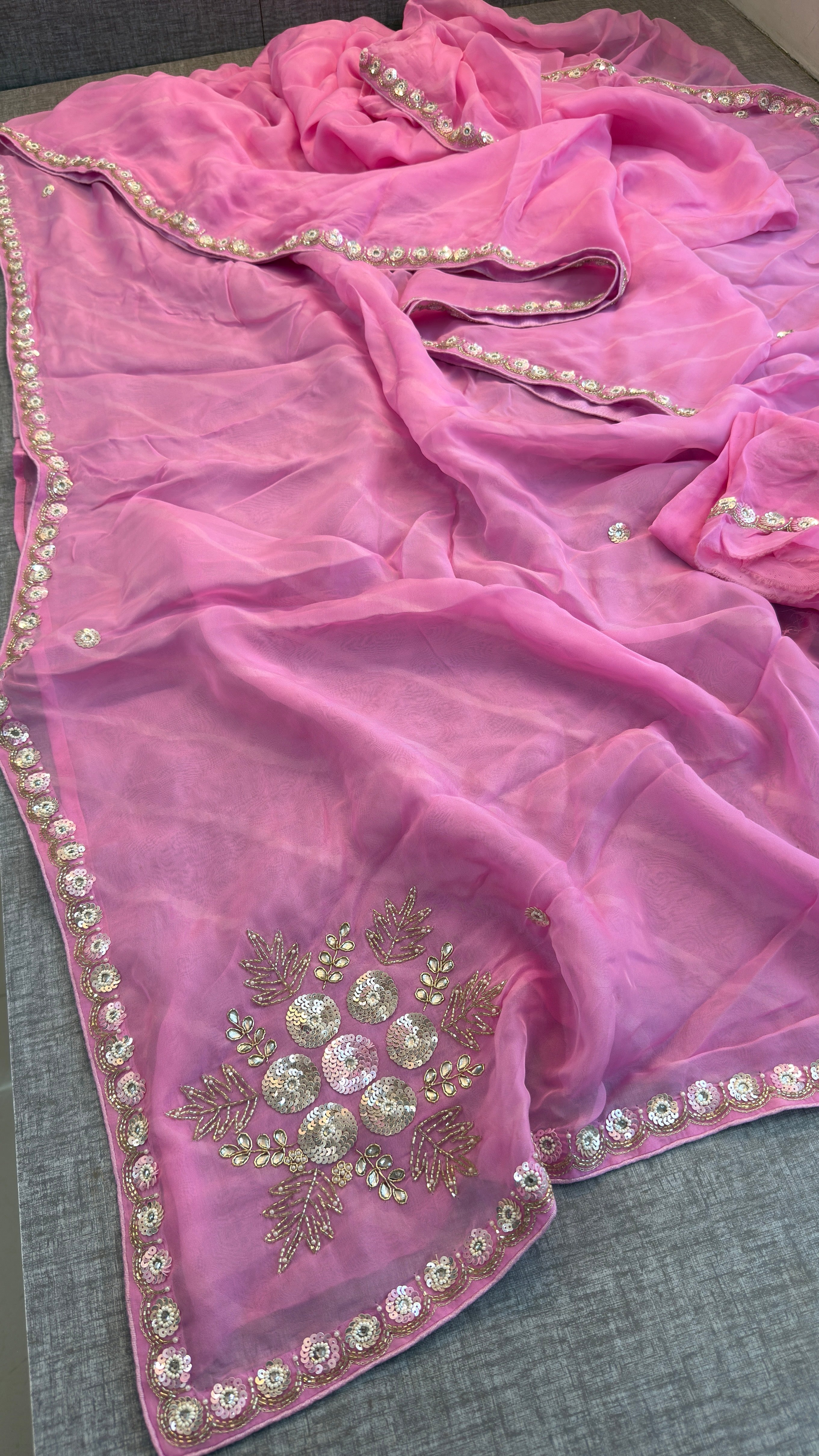 Pink Organza Leheriya Saree | Zardozi & Sequin Handwork Saree | Designer Partywear Saree