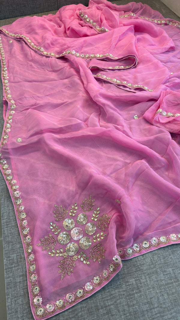 Pink Organza Leheriya Saree | Zardozi & Sequin Handwork Saree | Designer Partywear Saree