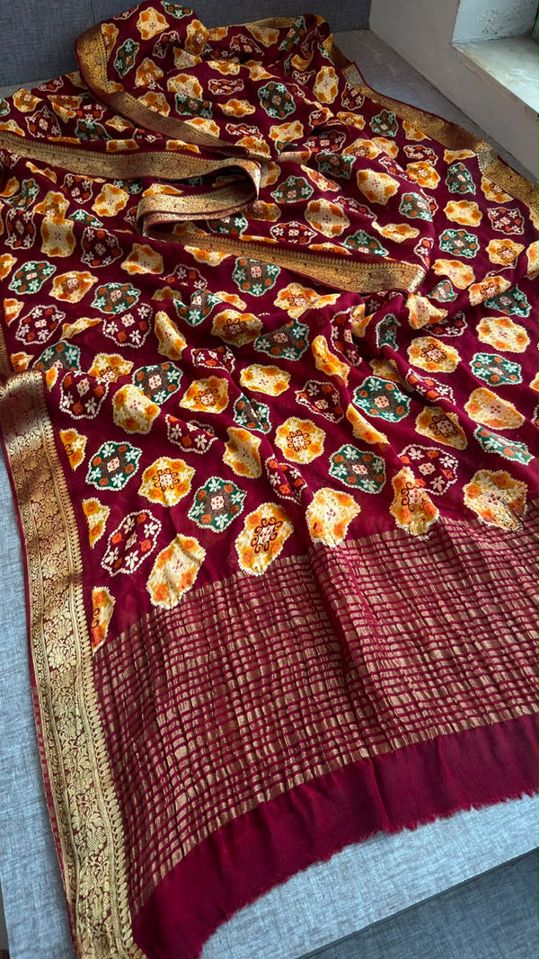Luxurious Soft Chinon Crepe Banarasi Weaving Patola Print Saree