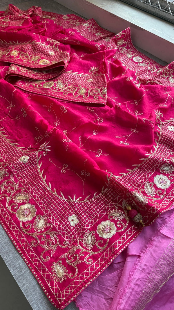 Soft Munga Silk Wedding Wear Saree with Intricate Hand Embroidery & Statement Blouse