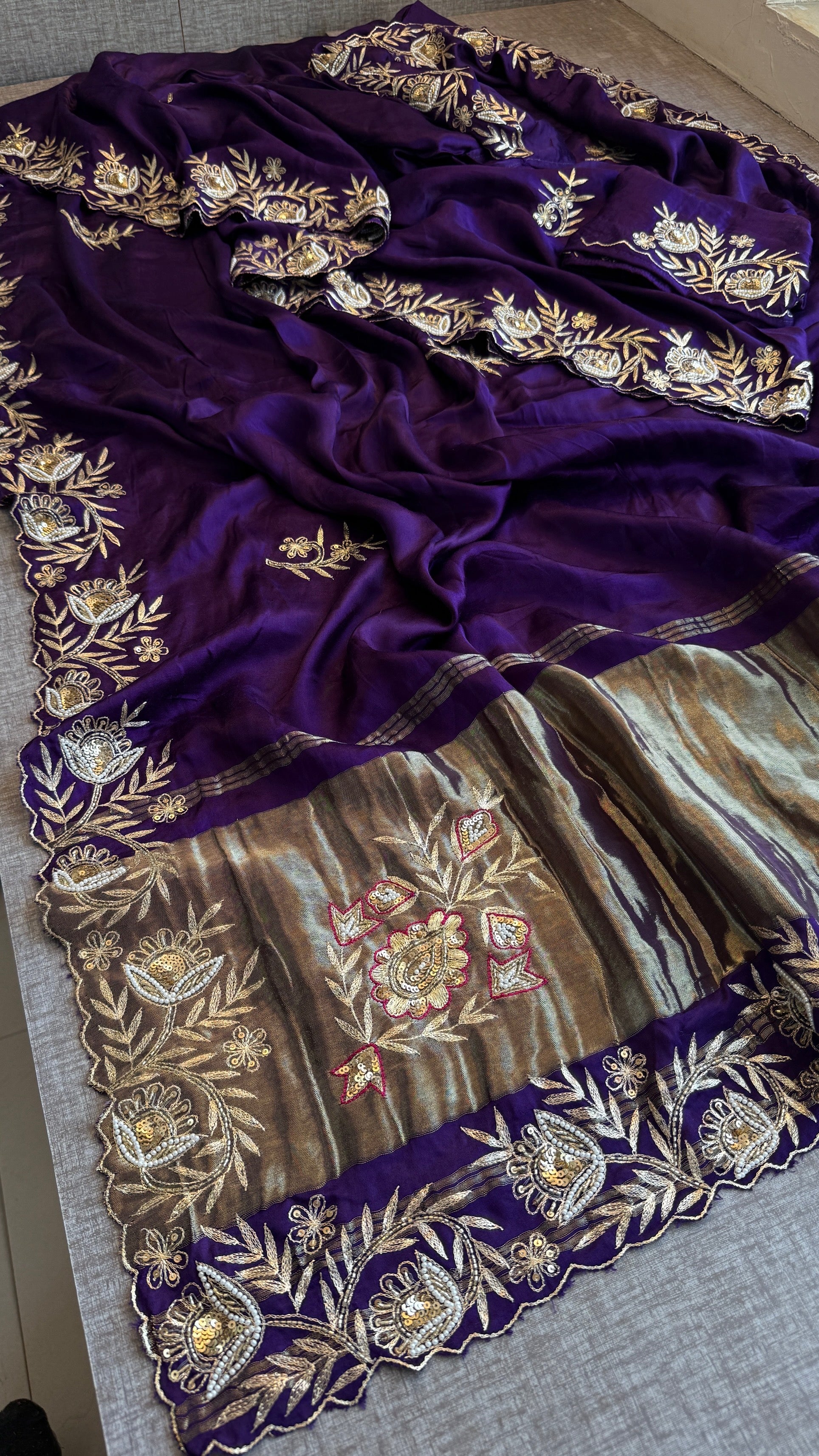 Designer Purple Pure Gajji Silk Saree with Aari, Cutdana, and Gota Patti Handwork with Blouse