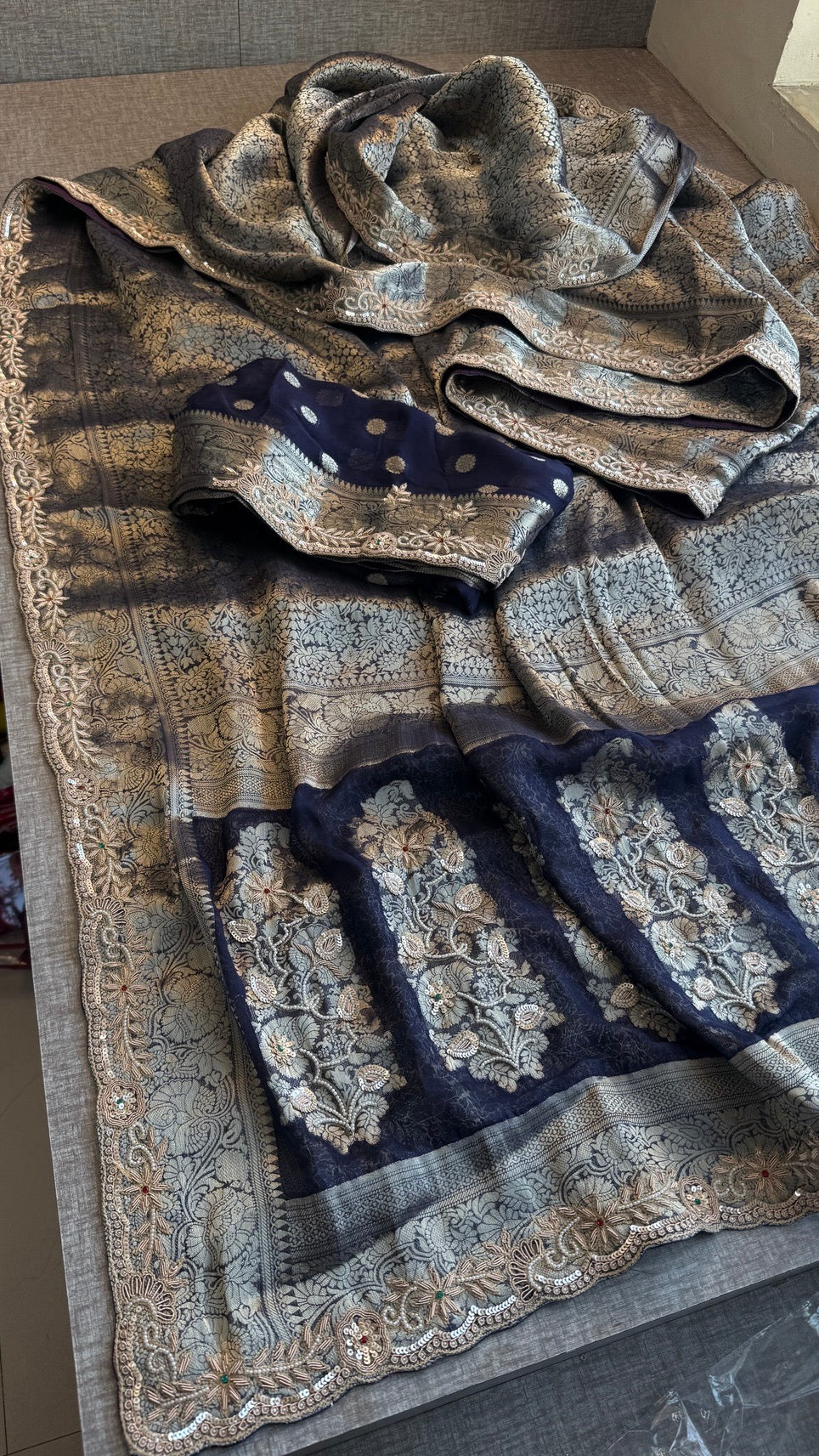 Wedding Wear Banarasi Khaddi Georgette Saree with Pearl Sequin Gotapatti Work