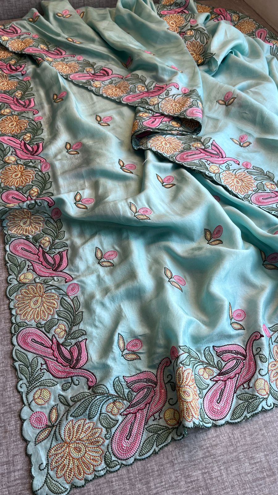 Pastel Blue Munga Silk Saree with Hand Embroidered Peacock & Floral Motifs,