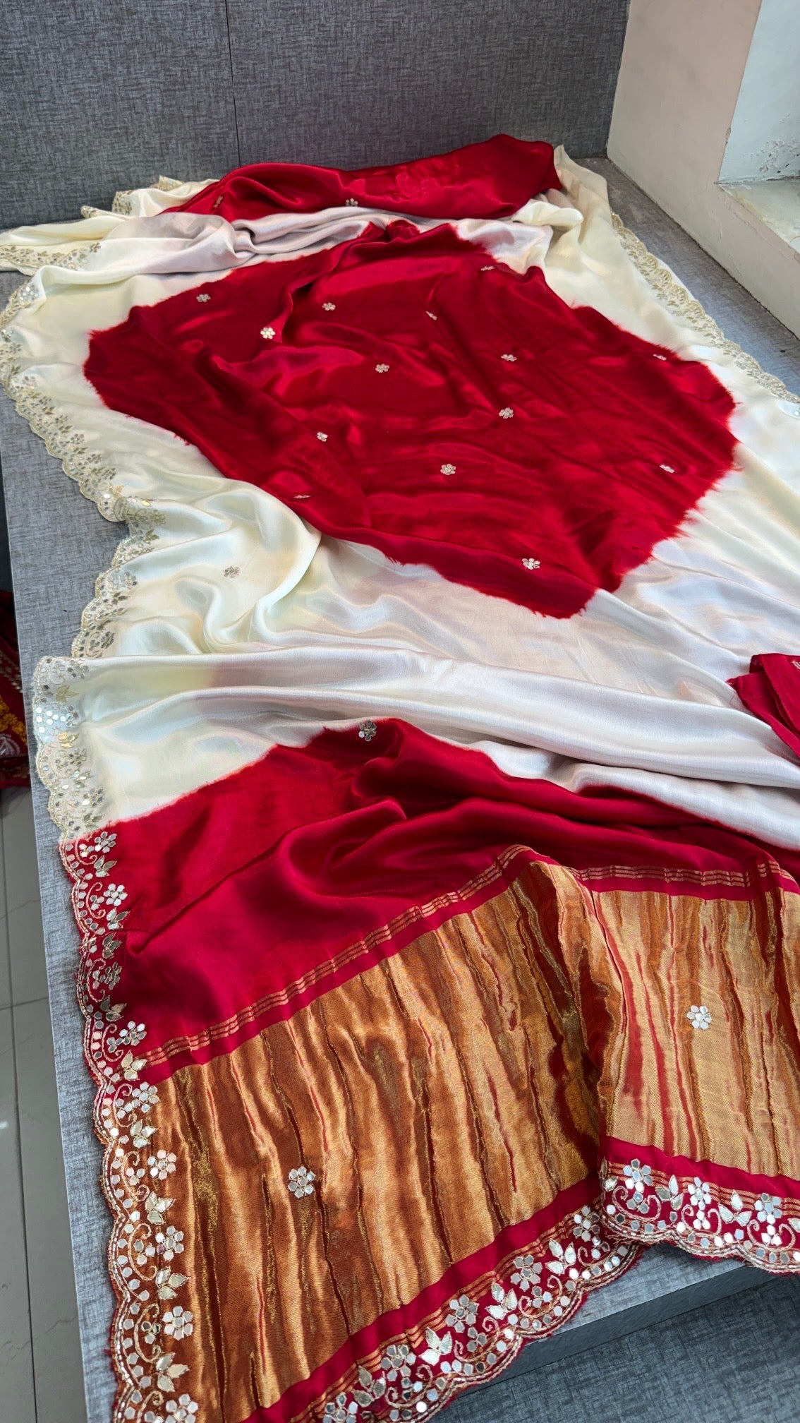 Exquisite Dual-Shade Pure Gajji Silk Saree with Traditional Gota Patti & Mirror Work