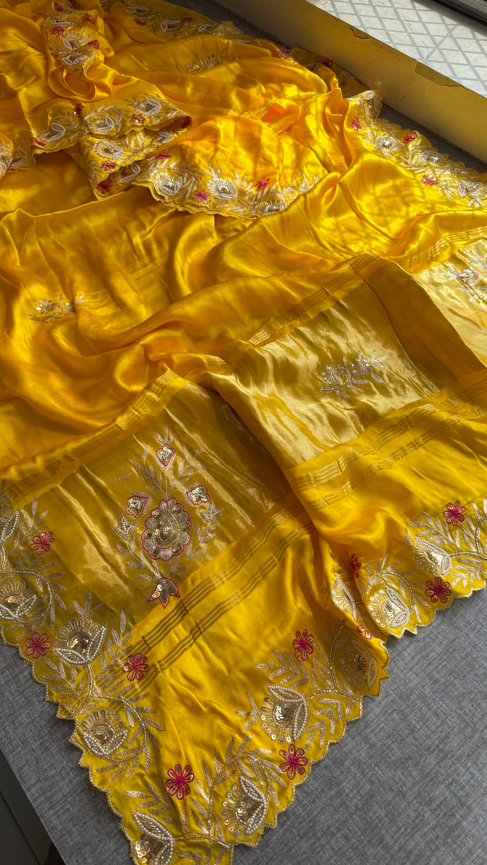 Soft Gajji Silk Lakdi Patta Banarasi Saree with Zardozi, Kasab, Pearl & Sequins Work