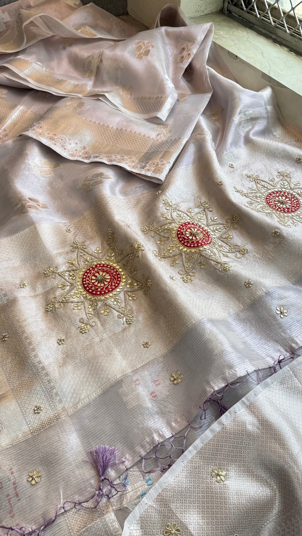 Pure Soft Tissue Silk Banarasi Weaving Saree with Heavy Zardozi & Gotapatti Work