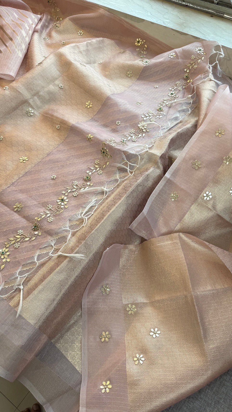 Pure Tissue Silk Zari Weaving Saree with Handcrafted Gota Patti & Moti Work | Soft Leheriya Tissue Silk Saree