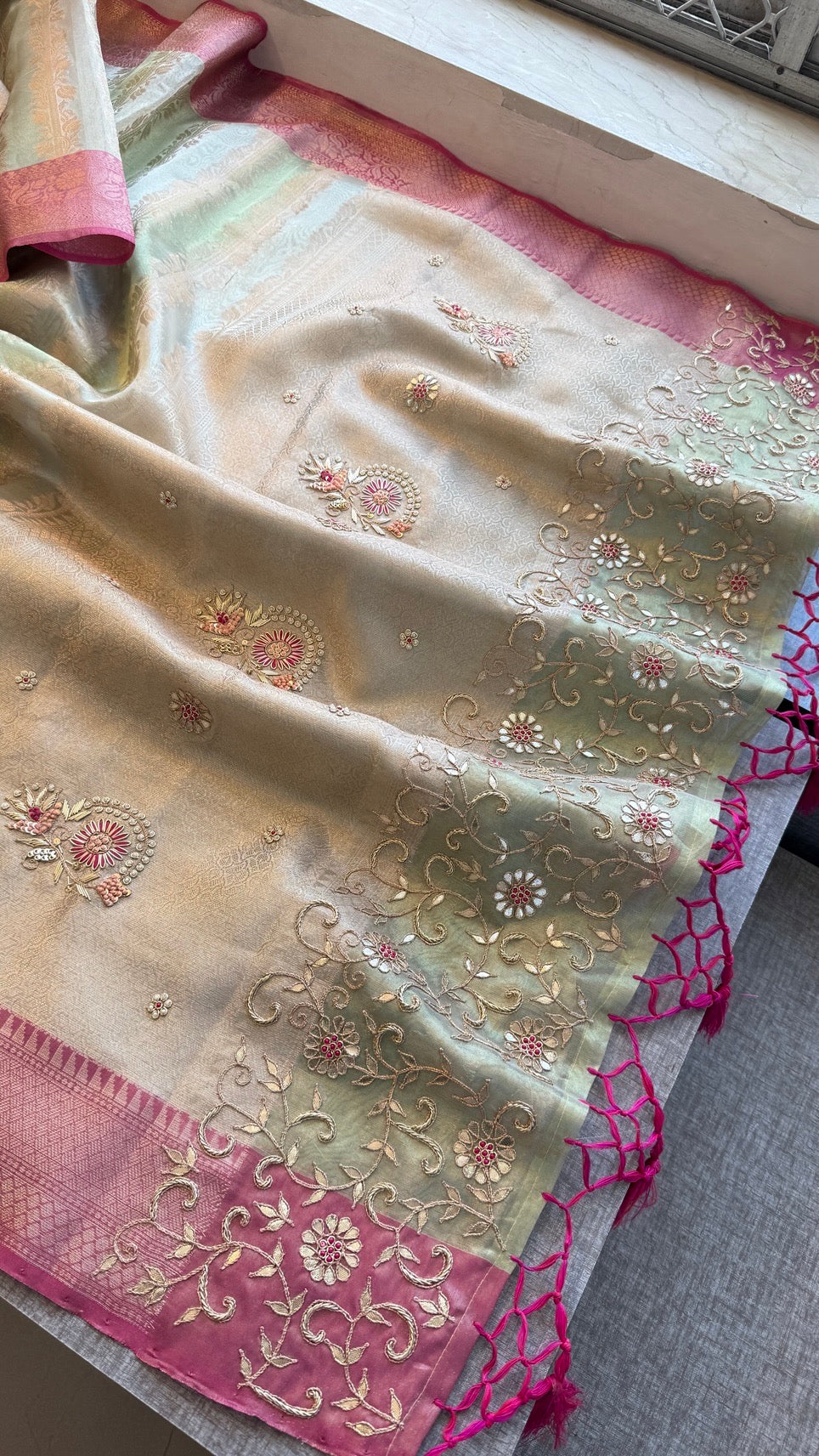 Pure Soft Tissue Silk Saree with Heavy Pallid Brocade & Banarasi Zari Border