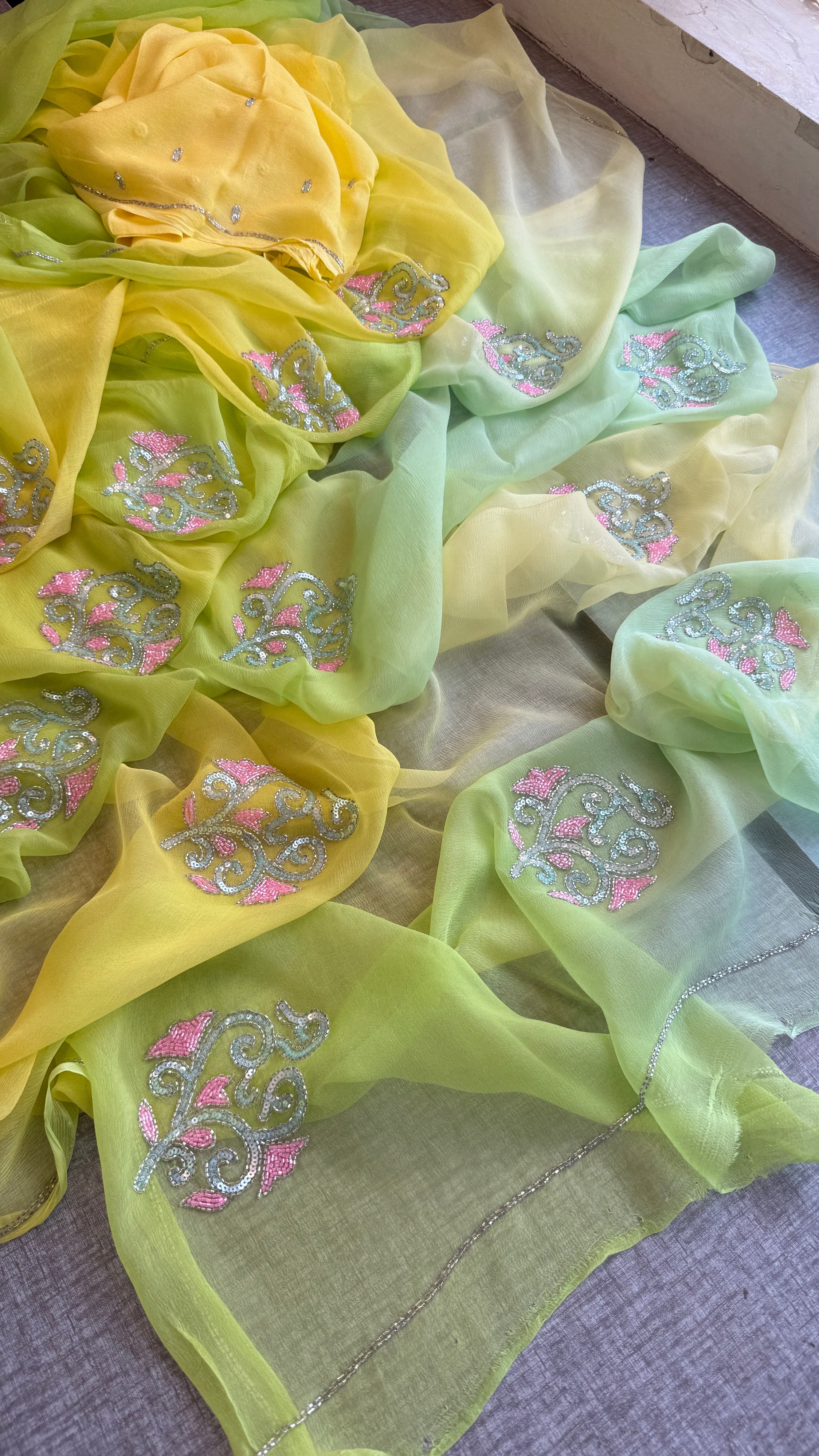 Pure Chiffon Embroidered Saree with Matching Blouse